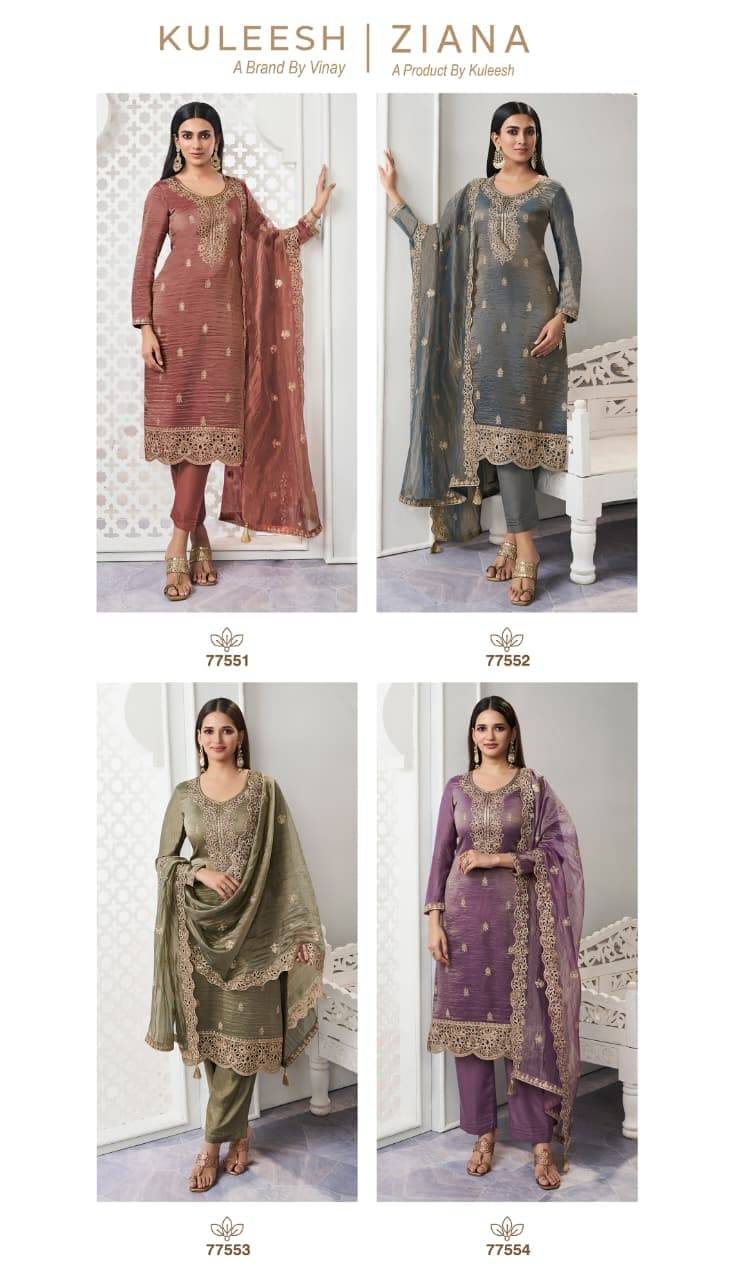 KULEESH - ZIANA by by vinay fashion 77551 To 77554 Designer Festive Suits Collection Beautiful Stylish Fancy Colorful Party Wear & Occasional Wear EMBROIDERED SOFT GOLD SILK Dresses At Wholesale Price